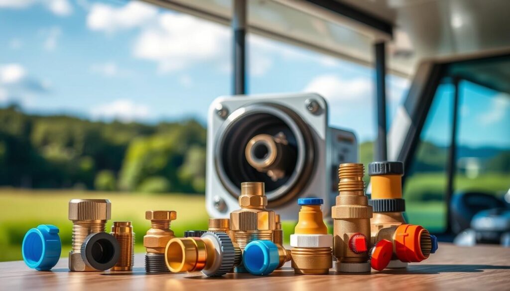 A neatly organized RV water hookup station sits in the foreground, featuring various connectors, adapters, and fittings in a variety of materials like brass, plastic, and rubber. The middle ground showcases an RV's water inlet port, with its sleek, modern design. In the background, a serene outdoor scene with lush greenery and a clear blue sky sets the tranquil mood. Soft, natural lighting illuminates the scene, highlighting the intricate details of the hookup components. The composition emphasizes the essential nature of this RV water connection setup, conveying the importance of proper water hookup for a successful and comfortable camping experience. A neatly organized RV water hookup station sits in the foreground, featuring various connectors, adapters, and fittings in a variety of materials like brass, plastic, and rubber. The middle ground showcases an RV's water inlet port, with its sleek, modern design. In the background, a serene outdoor scene with lush greenery and a clear blue sky sets the tranquil mood. Soft, natural lighting illuminates the scene, highlighting the intricate details of the hookup components. The composition emphasizes the essential nature of this RV water connection setup, conveying the importance of proper water hookup for a successful and comfortable camping experience.