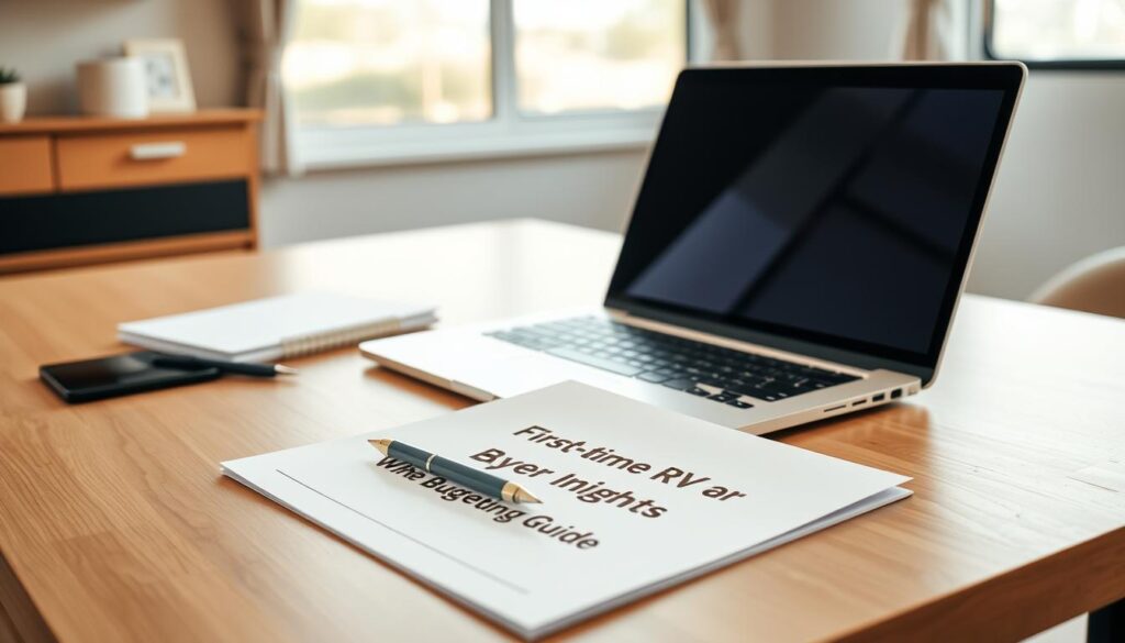 A neatly organized desk with a modern laptop, a pen, and a stack of papers titled "First-time RV Buyer Insights Budgeting Guide". The scene is well-lit with soft, natural lighting from a large window, creating a warm and inviting atmosphere. The desk surface is made of wood, and the background features minimalist decor, suggesting a calm and focused work environment. The overall composition conveys a sense of organization, practicality, and thoughtful planning, reflecting the subject matter of the guide. A neatly organized desk with a modern laptop, a pen, and a stack of papers titled "First-time RV Buyer Insights Budgeting Guide". The scene is well-lit with soft, natural lighting from a large window, creating a warm and inviting atmosphere. The desk surface is made of wood, and the background features minimalist decor, suggesting a calm and focused work environment. The overall composition conveys a sense of organization, practicality, and thoughtful planning, reflecting the subject matter of the guide.