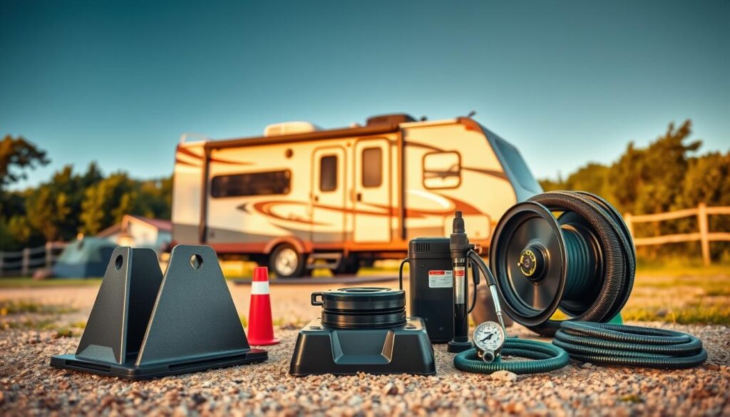 A neatly organized display of essential RV accessories for beginners, captured in a warm, inviting light. In the foreground, a sturdy set of tire chocks, a leveling block, and a heavy-duty hose reel stand out against a backdrop of a cozy camping scene. In the middle ground, a portable power station, a water pressure regulator, and a sewer hose kit are arranged with care. The background features a picturesque RV, surrounded by lush greenery and a clear, blue sky, conveying a sense of tranquility and outdoor adventure. The overall composition emphasizes the importance of these practical items for a smooth and comfortable RV experience, perfect for the novice RV enthusiast. A neatly organized display of essential RV accessories for beginners, captured in a warm, inviting light. In the foreground, a sturdy set of tire chocks, a leveling block, and a heavy-duty hose reel stand out against a backdrop of a cozy camping scene. In the middle ground, a portable power station, a water pressure regulator, and a sewer hose kit are arranged with care. The background features a picturesque RV, surrounded by lush greenery and a clear, blue sky, conveying a sense of tranquility and outdoor adventure. The overall composition emphasizes the importance of these practical items for a smooth and comfortable RV experience, perfect for the novice RV enthusiast.
