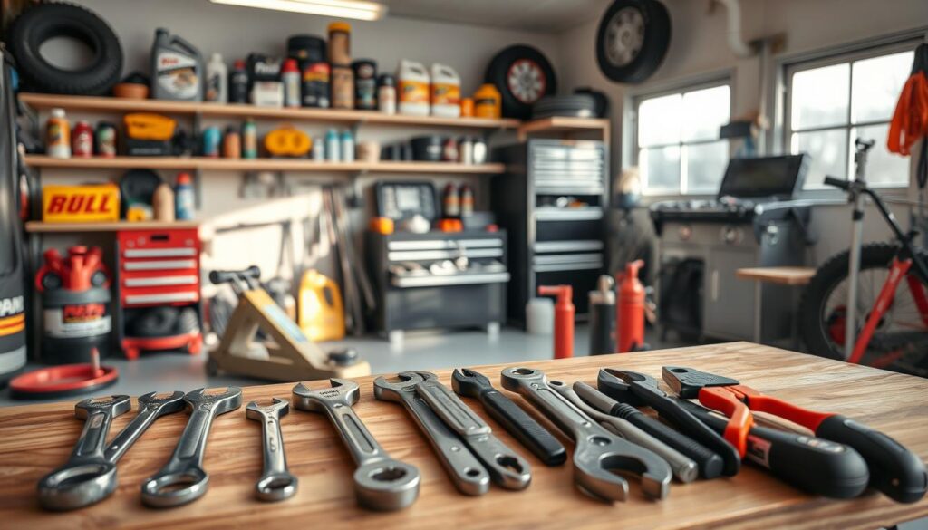 A neatly organized garage workspace with a variety of DIY RV maintenance tools and equipment. In the foreground, a set of high-quality wrenches, screwdrivers, and pliers are displayed on a wooden workbench. In the middle ground, a floor jack, toolbox, and various automotive fluids are arranged. The background features shelves stocked with spare parts, a tire inflator, and a well-lit space with natural lighting streaming through large windows. The overall scene conveys a sense of accomplishment, efficiency, and the satisfaction of taking control of one's RV maintenance needs.