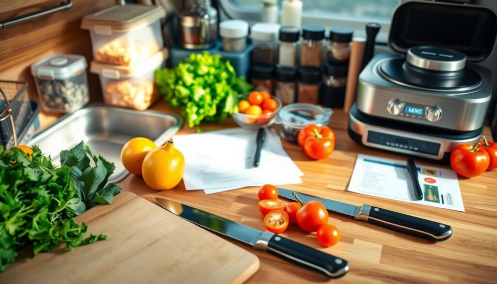A neatly organized kitchen counter showcases the essential tools for RV meal prep planning. In the foreground, a cutting board, sharp knives, and colorful produce sit ready for chopping. In the middle ground, a menu planner, grocery list, and recipe cards are spread out, hinting at the carefully curated meals to come. The background features storage containers, spice jars, and a portable cooktop, suggesting the efficient use of limited RV space. Warm, natural lighting filters in, casting a cozy ambiance over the scene. The overall composition conveys a sense of preparedness and intention, setting the stage for delicious and stress-free one-pot meals on the road. A neatly organized kitchen counter showcases the essential tools for RV meal prep planning. In the foreground, a cutting board, sharp knives, and colorful produce sit ready for chopping. In the middle ground, a menu planner, grocery list, and recipe cards are spread out, hinting at the carefully curated meals to come. The background features storage containers, spice jars, and a portable cooktop, suggesting the efficient use of limited RV space. Warm, natural lighting filters in, casting a cozy ambiance over the scene. The overall composition conveys a sense of preparedness and intention, setting the stage for delicious and stress-free one-pot meals on the road.