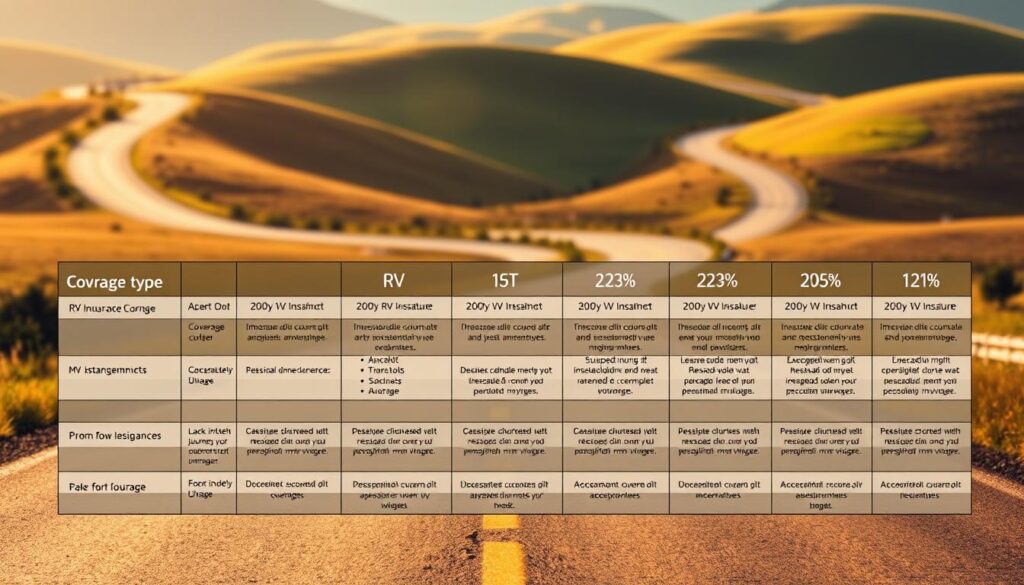 A neatly organized table comparing various RV insurance coverage types, set against a soft, serene backdrop of an open road winding through lush, rolling hills. The table features clear, concise descriptions and visual icons for each coverage option, presented in a clean, modern layout with a warm, inviting color palette. Subtle lighting creates depth and dimension, drawing the viewer's eye to the informative content. The overall scene conveys a sense of security and confidence, reflecting the importance of understanding RV insurance for a safe and enjoyable journey.