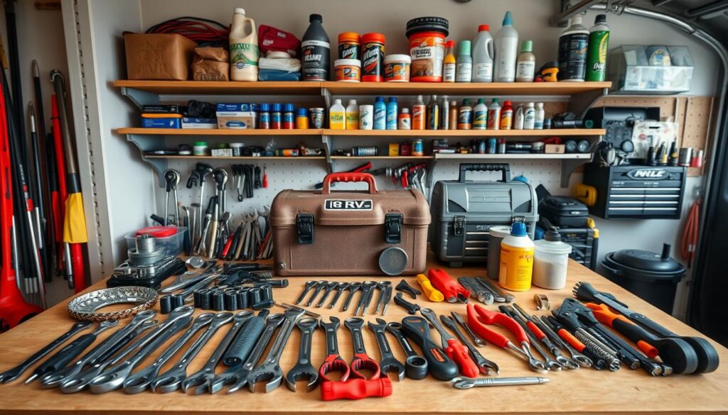A neatly organized workbench in a well-lit garage, showcasing an assortment of essential RV maintenance tools. In the foreground, a collection of hand tools including wrenches, pliers, screwdrivers, and a socket set, arranged with precision. In the middle ground, a toolbox and a portable air compressor stand ready for use. The background features shelves stocked with RV-specific parts, fluids, and cleaning supplies, creating a comprehensive workspace for RV enthusiasts. The overall scene conveys a sense of preparedness and attention to detail, suitable for maintaining the integrity of a recreational vehicle. A neatly organized workbench in a well-lit garage, showcasing an assortment of essential RV maintenance tools. In the foreground, a collection of hand tools including wrenches, pliers, screwdrivers, and a socket set, arranged with precision. In the middle ground, a toolbox and a portable air compressor stand ready for use. The background features shelves stocked with RV-specific parts, fluids, and cleaning supplies, creating a comprehensive workspace for RV enthusiasts. The overall scene conveys a sense of preparedness and attention to detail, suitable for maintaining the integrity of a recreational vehicle.