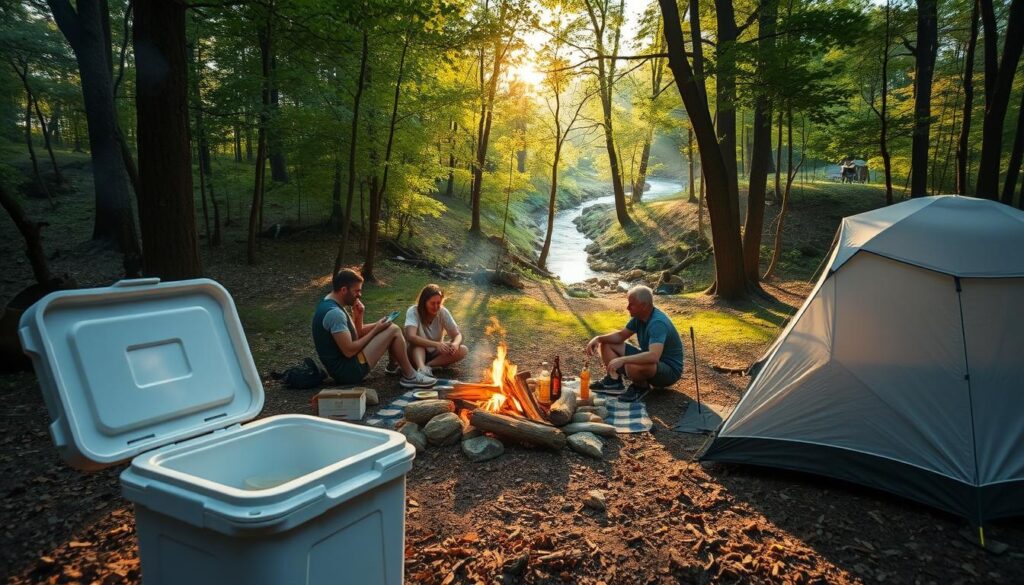 A peaceful campsite nestled in a lush forest, with a family gathered around a crackling fire, enjoying a simple meal. In the foreground, a well-stocked cooler and a modest tent, symbolizing a budget-friendly approach. Sunlight filters through the canopy, casting a warm glow and creating a cozy atmosphere. In the background, a winding trail leads to a tranquil stream, hinting at opportunities for exploration without the need for expensive amenities. The scene conveys a sense of mindful living, where the focus is on connecting with nature and creating lasting memories, rather than on costly camping luxuries.