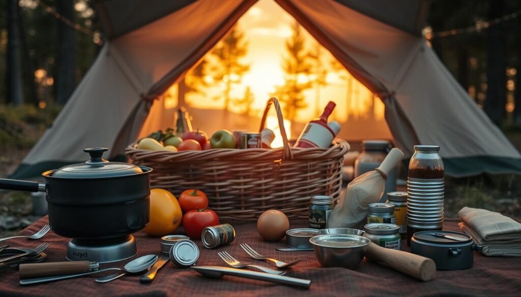 A perfectly arranged spread of camping essentials for a family meal. In the foreground, a sturdy cast-iron skillet, a camping stove, and an assortment of utensils. In the middle ground, a picnic basket overflowing with fresh produce, canned goods, and condiments. In the background, a cozy canvas tent, a crackling campfire, and the silhouettes of pine trees against a golden sunset sky. Warm, natural lighting casts a soft glow over the scene, capturing the rustic, adventurous spirit of family camping. The overall composition evokes a sense of preparedness, togetherness, and the joy of dining in the great outdoors. A perfectly arranged spread of camping essentials for a family meal. In the foreground, a sturdy cast-iron skillet, a camping stove, and an assortment of utensils. In the middle ground, a picnic basket overflowing with fresh produce, canned goods, and condiments. In the background, a cozy canvas tent, a crackling campfire, and the silhouettes of pine trees against a golden sunset sky. Warm, natural lighting casts a soft glow over the scene, capturing the rustic, adventurous spirit of family camping. The overall composition evokes a sense of preparedness, togetherness, and the joy of dining in the great outdoors.