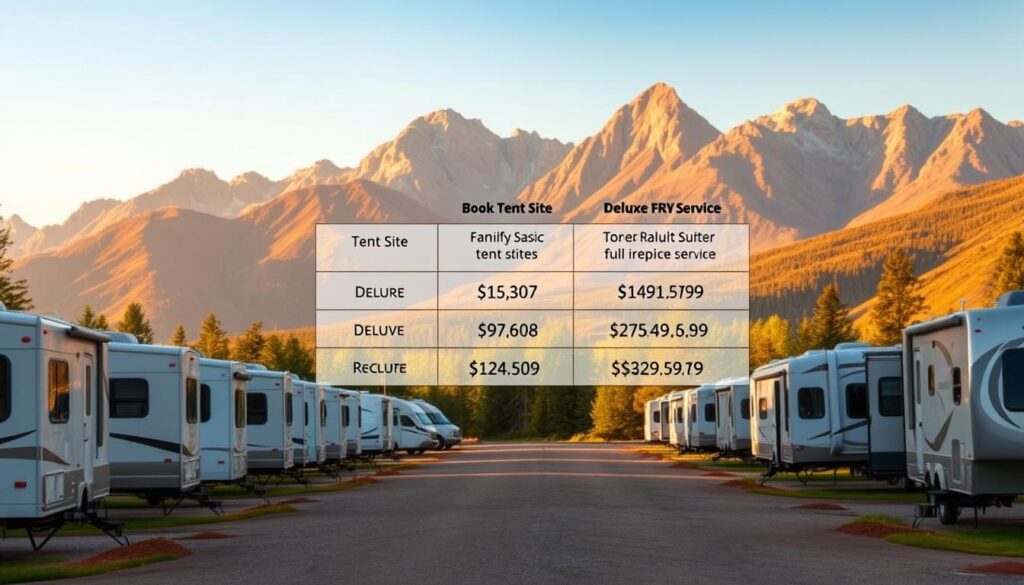 A picturesque RV campground set against a serene mountain backdrop, with a comparison of varying campsite costs prominently displayed. The foreground features a row of neatly arranged RVs, each with its own hookups and amenities. The middle ground showcases a range of campsite options, from basic tent sites to deluxe full-service spots, each with a corresponding price tag. The background is dominated by towering peaks, casting a warm glow over the scene. The lighting is soft and natural, creating a welcoming atmosphere. The composition emphasizes the importance of campground costs in the overall RV living experience.