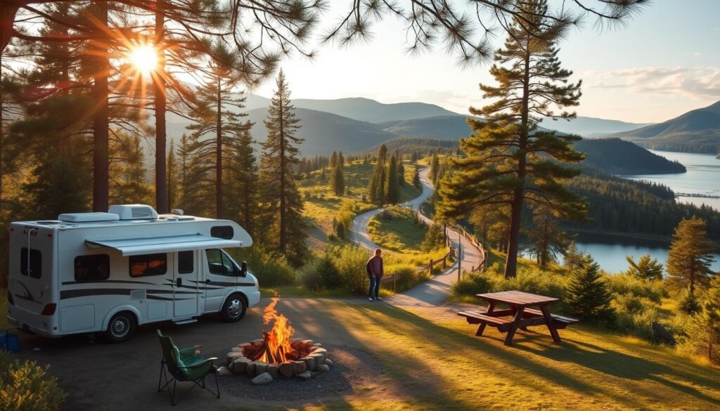 A picturesque RV campsite nestled amidst rolling hills, towering pine trees, and a pristine lake. In the foreground, a well-equipped RV sits beside a crackling campfire, surrounded by comfortable camping chairs and a weathered picnic table. The middle ground features a paved hiking trail winding through the lush, verdant landscape, leading towards a nearby tourist attraction in the distance, such as a historic landmark or natural wonder. Warm, golden sunlight filters through the branches, casting a soft, inviting glow over the entire scene. The atmosphere is one of tranquility and adventure, perfect for first-time RV enthusiasts seeking a memorable outdoor experience close to popular destinations.
