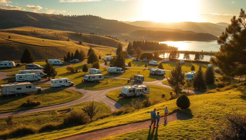 A picturesque RV park nestled amidst rolling hills, with well-maintained grassy sites bordered by lush greenery. In the foreground, a family exploring the campground, taking note of the clean restrooms, hookup stations, and recreational facilities. The middle ground showcases a scenic nature trail winding through the park, while the background features a serene lake reflecting the warm, golden light of the setting sun. The overall atmosphere exudes a sense of tranquility and adventure, inviting RV enthusiasts to choose this idyllic destination for their next journey. A picturesque RV park nestled amidst rolling hills, with well-maintained grassy sites bordered by lush greenery. In the foreground, a family exploring the campground, taking note of the clean restrooms, hookup stations, and recreational facilities. The middle ground showcases a scenic nature trail winding through the park, while the background features a serene lake reflecting the warm, golden light of the setting sun. The overall atmosphere exudes a sense of tranquility and adventure, inviting RV enthusiasts to choose this idyllic destination for their next journey.