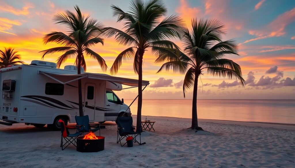 A pristine beach at sunset, with a well-equipped RV parked on the sand. The RV's exterior is clean and gleaming, its awning partially extended to provide shade. In the foreground, a cozy camping setup with a fire pit, camp chairs, and a small table with camping gear. A few palm trees sway gently in the light breeze, casting a warm, tropical ambiance. The sky is a vibrant blend of oranges and pinks, reflecting in the calm, turquoise waters. A sense of tranquility and adventure permeates the scene, inviting the viewer to envision themselves enjoying a perfect beach camping experience.
