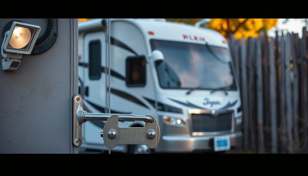 A rugged RV parked in a secluded outdoor setting, with various security devices installed for physical protection. In the foreground, a sturdy metal lock secures the RV entrance, its silver gleam catching the soft, warm lighting. Surrounding the vehicle, motion-activated floodlights are mounted on the sides, casting a subtle glow. In the middle ground, a discreet security camera surveys the area, its lens reflecting the evening's golden hues. In the background, a tall privacy fence provides an additional layer of defense, its wooden slats casting dramatic shadows. The overall atmosphere conveys a sense of safety and vigilance, with the RV's security measures blending seamlessly into the tranquil outdoor environment. A rugged RV parked in a secluded outdoor setting, with various security devices installed for physical protection. In the foreground, a sturdy metal lock secures the RV entrance, its silver gleam catching the soft, warm lighting. Surrounding the vehicle, motion-activated floodlights are mounted on the sides, casting a subtle glow. In the middle ground, a discreet security camera surveys the area, its lens reflecting the evening's golden hues. In the background, a tall privacy fence provides an additional layer of defense, its wooden slats casting dramatic shadows. The overall atmosphere conveys a sense of safety and vigilance, with the RV's security measures blending seamlessly into the tranquil outdoor environment.