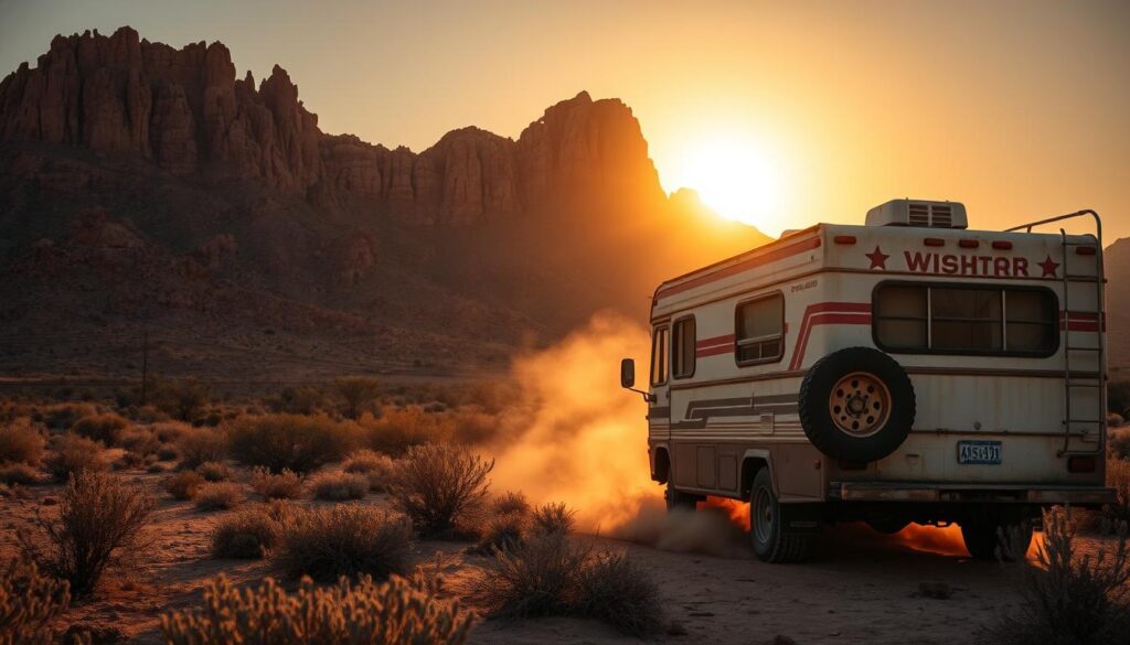 A rugged desert landscape under a golden sunset, with a towering rocky mountain range in the background. In the foreground, a well-worn, weathered RV sits amidst sparse vegetation, its tires kicking up a cloud of dust. The RV's exterior is adorned with sun-faded decals and a spare tire mounted on the back. The lighting is warm and dramatic, casting long shadows across the scene. The overall mood is one of adventure and the challenges of exploring the remote and unforgiving Western terrain.