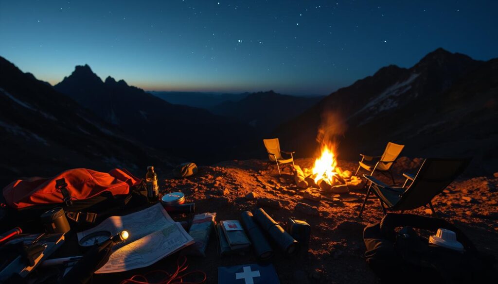 A rugged mountain landscape at dusk, with a well-equipped campsite nestled between towering peaks. In the foreground, camping gear and survival essentials are neatly arranged, including a compass, map, first-aid kit, and flashlight. The middle ground features a roaring campfire, surrounded by a circle of comfortable camping chairs. In the background, a starry night sky illuminates the silhouettes of distant ridges. The scene conveys a sense of preparedness, safety, and the tranquil beauty of the wilderness. A rugged mountain landscape at dusk, with a well-equipped campsite nestled between towering peaks. In the foreground, camping gear and survival essentials are neatly arranged, including a compass, map, first-aid kit, and flashlight. The middle ground features a roaring campfire, surrounded by a circle of comfortable camping chairs. In the background, a starry night sky illuminates the silhouettes of distant ridges. The scene conveys a sense of preparedness, safety, and the tranquil beauty of the wilderness.