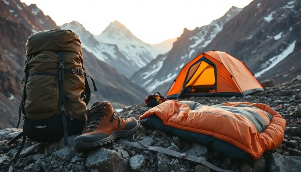 A rugged outdoor scene showcasing an array of premium mountain camping gear. In the foreground, a high-quality backpack, hiking boots, and a warm sleeping bag are neatly arranged on a rocky outcrop. In the middle ground, a sturdy, weatherproof tent stands tall against a backdrop of towering, snow-capped peaks. The lighting is warm and golden, suggesting a scenic sunset. The overall mood evokes a sense of adventure, preparedness, and the beauty of the great outdoors. A rugged outdoor scene showcasing an array of premium mountain camping gear. In the foreground, a high-quality backpack, hiking boots, and a warm sleeping bag are neatly arranged on a rocky outcrop. In the middle ground, a sturdy, weatherproof tent stands tall against a backdrop of towering, snow-capped peaks. The lighting is warm and golden, suggesting a scenic sunset. The overall mood evokes a sense of adventure, preparedness, and the beauty of the great outdoors.