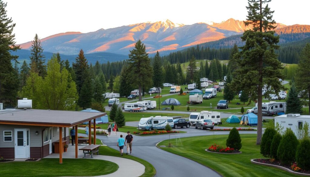 A scenic RV campground nestled in a lush, verdant landscape. In the foreground, a well-equipped amenity block with modern facilities - clean showers, laundry rooms, and a cozy gathering space with a fireplace. Campers explore the meticulously maintained grounds, walking along paved paths lined with towering pines. In the middle distance, various RVs and tents dot the gently sloping terrain, surrounded by vibrant flower beds and neatly trimmed shrubs. The background reveals a majestic mountain range, its peaks bathed in golden hour light, creating a serene and inviting atmosphere. The scene is illuminated by warm, natural lighting, conveying a sense of comfort and relaxation.