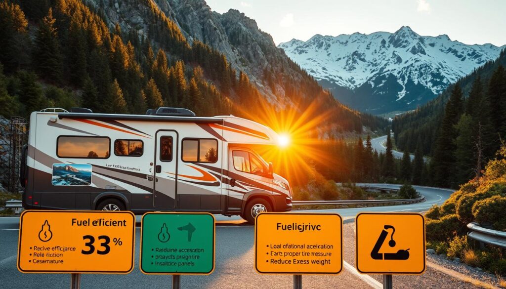 A scenic RV parked on a winding mountain road, surrounded by lush forests and snow-capped peaks. The RV's exterior is sleek and aerodynamic, with fuel efficiency upgrades like low-rolling resistance tires and an optimized roof design. Inside, a cozy interior with energy-efficient appliances, LED lighting, and insulation panels. A dashboard display shows real-time fuel consumption data, guiding the driver towards eco-friendly driving techniques. Sunlight filters through the panoramic windows, creating a warm, welcoming ambiance. In the foreground, road signs highlight fuel-saving tips like gradual acceleration, maintaining proper tire pressure, and reducing excess weight. The overall mood is one of adventure, efficiency, and cost-conscious exploration of the great outdoors.