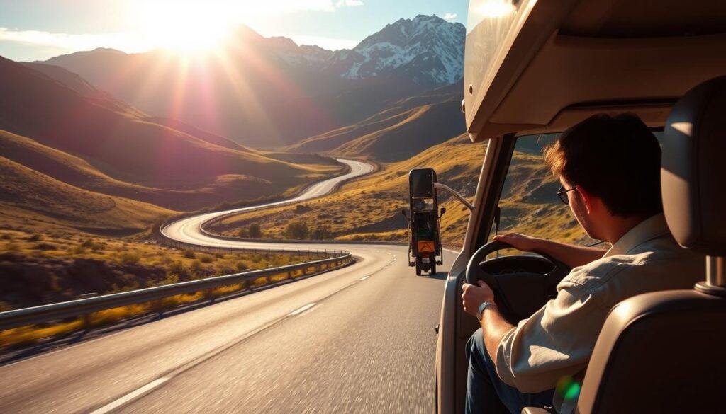 A scenic highway winding through lush, rolling hills. In the foreground, a well-maintained RV navigates the road, its tires gripping the asphalt firmly. The driver, attentive and focused, carefully monitors the dashboard instruments and the surroundings. Sunlight filters through the windshield, creating a warm, golden glow that bathes the interior. In the background, mountains rise majestically, their peaks capped with snow. The atmosphere conveys a sense of tranquility and safety, inviting the viewer to experience the joys of RV living while prioritizing responsible driving practices.