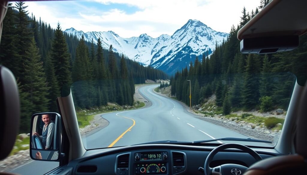 A scenic mountain road, winding through lush evergreen forests, with an RV navigating the curves in the foreground. The RV is equipped with large side mirrors, a backup camera, and a panoramic windshield, offering excellent visibility for the driver. The interior is well-lit, with a dashboard displaying speed, gear, and other crucial driving information. In the background, snowcapped peaks rise majestically, creating a serene and peaceful atmosphere. The lighting is soft and warm, creating a welcoming and approachable ambiance for the beginner RV driver. A scenic mountain road, winding through lush evergreen forests, with an RV navigating the curves in the foreground. The RV is equipped with large side mirrors, a backup camera, and a panoramic windshield, offering excellent visibility for the driver. The interior is well-lit, with a dashboard displaying speed, gear, and other crucial driving information. In the background, snowcapped peaks rise majestically, creating a serene and peaceful atmosphere. The lighting is soft and warm, creating a welcoming and approachable ambiance for the beginner RV driver.