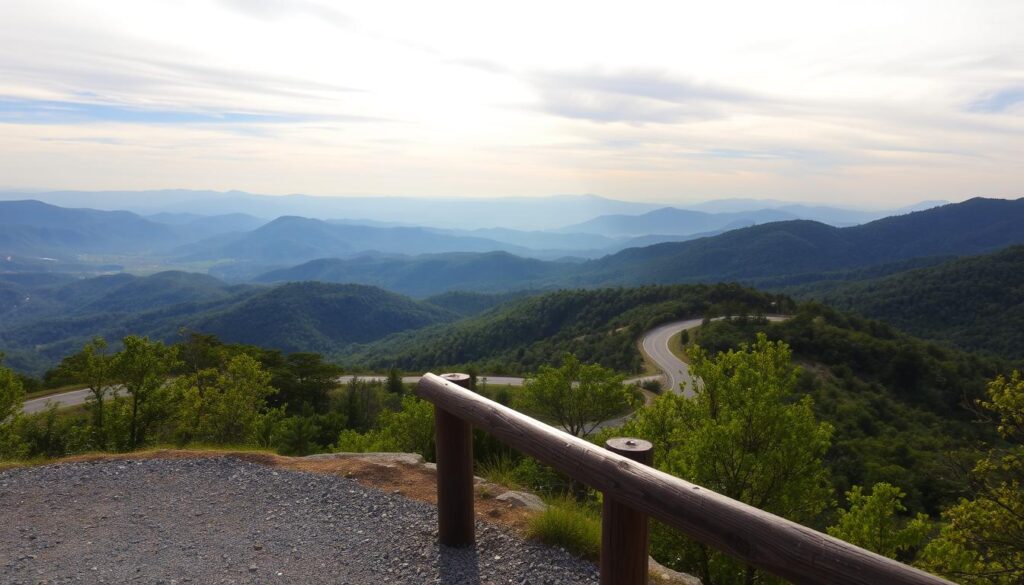 A scenic overlook along the winding Blue Ridge Parkway, showcasing the majestic Smoky Mountains in the distance. A well-maintained gravel pullout allows RV travelers to pause and soak in the breathtaking panorama. Diffused sunlight filters through wispy clouds, casting a warm, golden glow over the lush, rolling hills and dense, verdant forests below. In the foreground, a sturdy wooden railing guides the eye towards the sweeping vistas, inviting visitors to linger and appreciate the natural splendor of this iconic American road trip destination. A scenic overlook along the winding Blue Ridge Parkway, showcasing the majestic Smoky Mountains in the distance. A well-maintained gravel pullout allows RV travelers to pause and soak in the breathtaking panorama. Diffused sunlight filters through wispy clouds, casting a warm, golden glow over the lush, rolling hills and dense, verdant forests below. In the foreground, a sturdy wooden railing guides the eye towards the sweeping vistas, inviting visitors to linger and appreciate the natural splendor of this iconic American road trip destination.