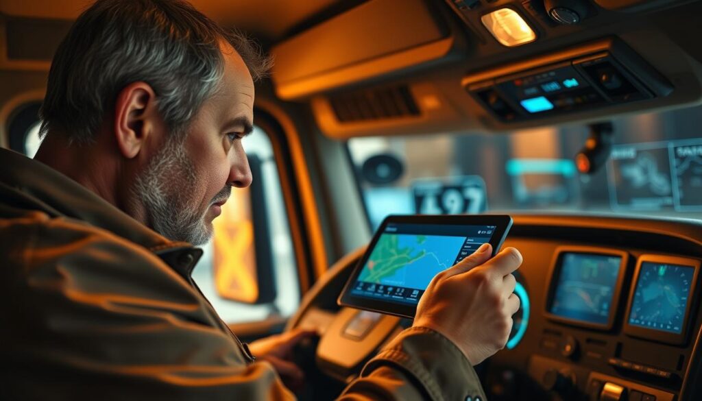 A seasoned truck driver, brow furrowed, intently studying a tablet displaying a route map and navigation data. The cab interior is bathed in a warm, amber glow, creating an atmosphere of focus and contemplation. In the background, the dashboard displays a range of technologies - cameras, sensors, and digital displays - offering the driver a wealth of real-time information to guide their journey. The composition emphasizes the juxtaposition of the driver's initial trepidation and the empowering capabilities of the modern truck's technological suite, conveying a sense of growing confidence and mastery. A seasoned truck driver, brow furrowed, intently studying a tablet displaying a route map and navigation data. The cab interior is bathed in a warm, amber glow, creating an atmosphere of focus and contemplation. In the background, the dashboard displays a range of technologies - cameras, sensors, and digital displays - offering the driver a wealth of real-time information to guide their journey. The composition emphasizes the juxtaposition of the driver's initial trepidation and the empowering capabilities of the modern truck's technological suite, conveying a sense of growing confidence and mastery.