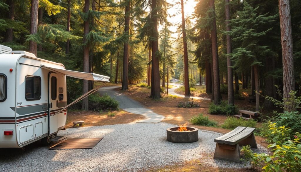 A secluded RV campground nestled in a lush, verdant forest. In the foreground, a weathered RV is parked on a gravel pad, its awning unfurled, inviting exploration. Nearby, a cozy fire pit crackles, surrounded by log benches. The middle ground reveals a winding trail leading deeper into the woods, hinting at hidden paths and undiscovered gems. Overhead, dappled sunlight filters through the canopy of towering evergreens, casting a warm, golden glow over the scene. The atmosphere is serene, inviting, and off-the-beaten-path, capturing the essence of RV travel beyond the typical destinations. A secluded RV campground nestled in a lush, verdant forest. In the foreground, a weathered RV is parked on a gravel pad, its awning unfurled, inviting exploration. Nearby, a cozy fire pit crackles, surrounded by log benches. The middle ground reveals a winding trail leading deeper into the woods, hinting at hidden paths and undiscovered gems. Overhead, dappled sunlight filters through the canopy of towering evergreens, casting a warm, golden glow over the scene. The atmosphere is serene, inviting, and off-the-beaten-path, capturing the essence of RV travel beyond the typical destinations.
