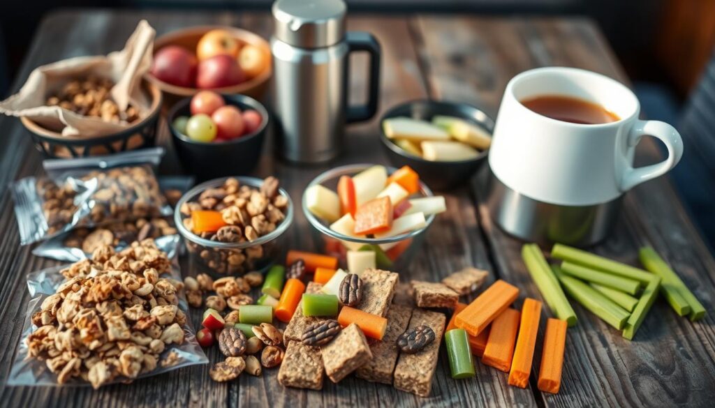 A selection of easy-to-prepare RV snacks arranged on a rustic wooden table. In the foreground, an assortment of bite-sized trail mixes, granola bars, and veggie sticks. In the middle ground, small bowls of fresh fruit, like apple slices and grapes. In the background, a thermos of hot coffee or tea, casting a warm glow. The lighting is soft and natural, creating a cozy, outdoor-inspired atmosphere. The camera angle is slightly elevated, giving a birds-eye view of the inviting spread. The overall mood is one of simplicity, convenience, and nourishment, perfectly suited for fueling RV adventures. A selection of easy-to-prepare RV snacks arranged on a rustic wooden table. In the foreground, an assortment of bite-sized trail mixes, granola bars, and veggie sticks. In the middle ground, small bowls of fresh fruit, like apple slices and grapes. In the background, a thermos of hot coffee or tea, casting a warm glow. The lighting is soft and natural, creating a cozy, outdoor-inspired atmosphere. The camera angle is slightly elevated, giving a birds-eye view of the inviting spread. The overall mood is one of simplicity, convenience, and nourishment, perfectly suited for fueling RV adventures.