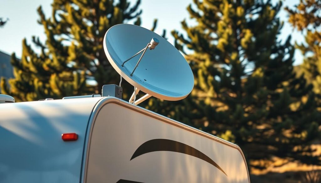 A serene RV campsite nestled in a picturesque natural landscape. In the foreground, a Starlink satellite dish is meticulously installed on the roof of a sleek, modern RV, its reflective surface glistening in the warm, golden sunlight. The dish is connected to a compact Starlink receiver unit, strategically placed nearby. The middle ground showcases the RV's exterior, its clean lines and muted tones blending seamlessly with the surrounding environment. In the background, lush evergreen trees frame the scene, casting gentle shadows and creating a sense of tranquility. The overall atmosphere conveys the ease and convenience of setting up reliable high-speed internet for RV adventures, perfectly suited for the "Setting Up Starlink for RVing" section of the article. A serene RV campsite nestled in a picturesque natural landscape. In the foreground, a Starlink satellite dish is meticulously installed on the roof of a sleek, modern RV, its reflective surface glistening in the warm, golden sunlight. The dish is connected to a compact Starlink receiver unit, strategically placed nearby. The middle ground showcases the RV's exterior, its clean lines and muted tones blending seamlessly with the surrounding environment. In the background, lush evergreen trees frame the scene, casting gentle shadows and creating a sense of tranquility. The overall atmosphere conveys the ease and convenience of setting up reliable high-speed internet for RV adventures, perfectly suited for the "Setting Up Starlink for RVing" section of the article.