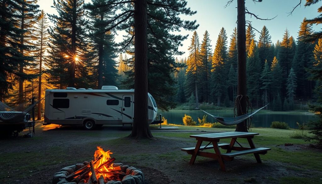 A serene RV nestled in a lush, evergreen forest, surrounded by towering pine trees and a crystal-clear lake reflecting the sky. Warm, golden sunlight filters through the canopy, casting a cozy glow on the scene. In the foreground, a campfire crackles, its embers casting a soft, welcoming light. Nearby, a sturdy picnic table invites outdoor dining, while a hammock sways gently between two trees, promising tranquil relaxation. The RV's sleek, streamlined design blends seamlessly with the natural environment, highlighting the benefits of boondocking – the freedom to immerse oneself in the beauty and serenity of the great outdoors.