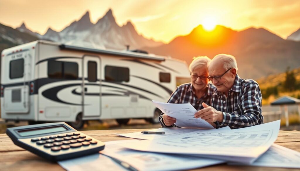 A serene RV nestled in a picturesque mountain landscape, its streamlined silhouette bathed in the warm glow of a setting sun. In the foreground, a calculator and financial documents are meticulously arranged, reflecting the careful planning and budgeting needed for a frugal RV lifestyle. The middle ground features an elderly couple reviewing their expenses, their faces etched with concentration yet exuding a sense of contentment. In the background, towering peaks rise majestically, hinting at the adventurous spirit that motivates this practical approach to RVing. The overall scene conveys a harmonious balance between financial prudence and the pursuit of outdoor exploration.