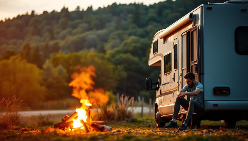 A serene RV parked amidst a picturesque landscape, its occupant sitting pensively outside, deep in contemplation. The warm afternoon light casts a soft, golden glow, creating an atmosphere of introspection. In the middle ground, a small campfire smolders, its embers flickering, symbolizing the inner turmoil of the RVer. The background features a lush, verdant forest, hinting at the isolation and solitude that can sometimes accompany the RV lifestyle. The composition emphasizes the subject's emotional state, capturing the challenges of maintaining mental well-being while embracing the freedom of mobile living.