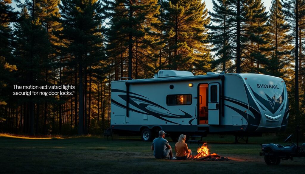 A serene RV parked in a lush forest clearing, its exterior bathed in warm afternoon light. In the foreground, a couple sit around a campfire, enjoying the tranquility while maintaining a vigilant eye on their surroundings. The RV's security features, such as motion-activated lights and secure door locks, are subtly integrated into the scene. In the background, tall evergreen trees sway gently, casting long shadows that create a sense of safety and security. The composition emphasizes the harmony between the RV lifestyle and the natural environment, conveying a feeling of comfort and protection for the adventurous couple. A serene RV parked in a lush forest clearing, its exterior bathed in warm afternoon light. In the foreground, a couple sit around a campfire, enjoying the tranquility while maintaining a vigilant eye on their surroundings. The RV's security features, such as motion-activated lights and secure door locks, are subtly integrated into the scene. In the background, tall evergreen trees sway gently, casting long shadows that create a sense of safety and security. The composition emphasizes the harmony between the RV lifestyle and the natural environment, conveying a feeling of comfort and protection for the adventurous couple.