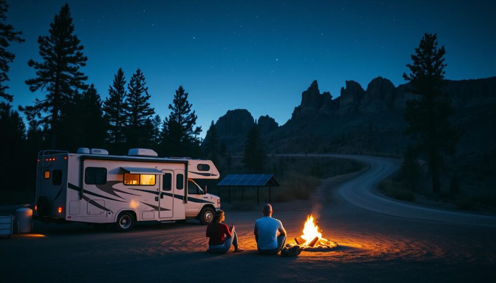 A serene RV parked in a remote wilderness setting, surrounded by towering pines and a clear night sky. In the foreground, a campfire crackles, illuminating the faces of a small group gathered around, discussing safety considerations for boondocking. In the middle ground, a solar panel array and water storage tanks are visible, indicating self-sufficiency. The background features dramatic rock formations and a winding dirt road leading to the campsite, suggesting the need for caution and navigation. The overall atmosphere is one of tranquility and preparedness, with muted colors and soft lighting evoking a sense of safety and security in the great outdoors.
