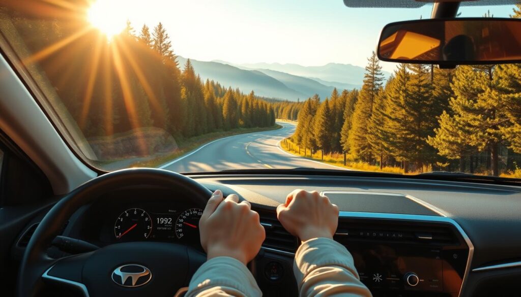 A serene, eco-friendly driving scene with a silver hybrid car navigating winding mountain roads, surrounded by lush, verdant forests. The car's dashboard displays real-time fuel efficiency metrics, guiding the driver's speed and acceleration for optimal fuel economy. Warm, golden sunlight filters through the trees, casting a tranquil glow over the scene. The driver's hands resting lightly on the steering wheel, embodying a sense of control and mindfulness. In the background, a picturesque vista of distant peaks and a clear blue sky, symbolizing the harmony between responsible driving and the natural environment. A serene, eco-friendly driving scene with a silver hybrid car navigating winding mountain roads, surrounded by lush, verdant forests. The car's dashboard displays real-time fuel efficiency metrics, guiding the driver's speed and acceleration for optimal fuel economy. Warm, golden sunlight filters through the trees, casting a tranquil glow over the scene. The driver's hands resting lightly on the steering wheel, embodying a sense of control and mindfulness. In the background, a picturesque vista of distant peaks and a clear blue sky, symbolizing the harmony between responsible driving and the natural environment.