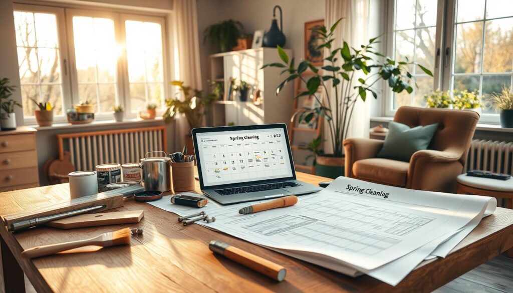 A serene home interior, bathed in warm spring sunlight filtering through large windows. On a wooden table, an array of home improvement tools and materials - paint cans, brushes, sandpaper, a hammer, nails, and a set of plans unfurled. Nearby, a laptop displays a digital calendar with spring cleaning and home improvement tasks meticulously scheduled. Houseplants add vibrant pops of green, while a cozy armchair invites a moment of planning and reflection. The atmosphere exudes a sense of organized productivity and budding renewal, capturing the essence of spring preparation for home improvement projects.