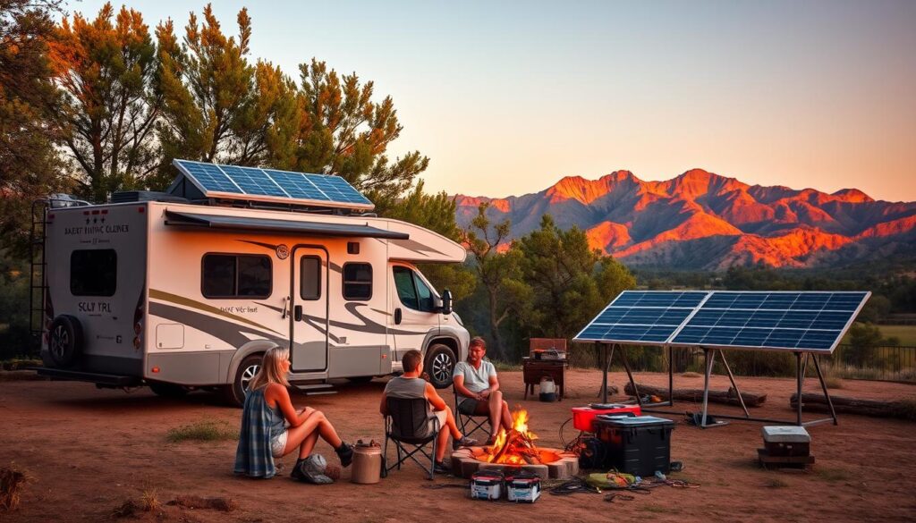 A serene off-grid RV parked amidst lush greenery, solar panels elegantly adorning its roof. In the foreground, a group of adventurous travelers gather around a campfire, sharing stories and tips for maximizing solar power during their journey. The middle ground showcases a well-organized solar setup, with cables and batteries neatly arranged, while the background reveals a stunning mountain vista, bathed in warm, golden sunset lighting. The entire scene conveys a sense of self-reliance, freedom, and a deep connection with nature, embodying the essence of solar-powered RV travel. A serene off-grid RV parked amidst lush greenery, solar panels elegantly adorning its roof. In the foreground, a group of adventurous travelers gather around a campfire, sharing stories and tips for maximizing solar power during their journey. The middle ground showcases a well-organized solar setup, with cables and batteries neatly arranged, while the background reveals a stunning mountain vista, bathed in warm, golden sunset lighting. The entire scene conveys a sense of self-reliance, freedom, and a deep connection with nature, embodying the essence of solar-powered RV travel.