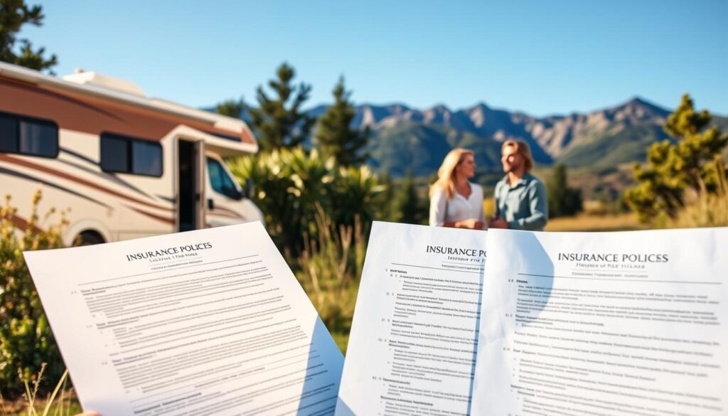 A serene, sunlit landscape featuring a well-equipped RV parked amid lush greenery. In the foreground, several insurance policy documents are neatly arranged, showcasing a range of coverage options tailored for full-time RV living. The middle ground depicts a friendly insurance agent discussing the policies with a couple, their expressions conveying a sense of financial security and peace of mind. In the background, a picturesque mountain range provides a breathtaking backdrop, complementing the tranquil atmosphere. The lighting is warm and natural, creating a welcoming and informative scene that visually conveys the importance of comprehensive insurance for the full-time RV lifestyle. A serene, sunlit landscape featuring a well-equipped RV parked amid lush greenery. In the foreground, several insurance policy documents are neatly arranged, showcasing a range of coverage options tailored for full-time RV living. The middle ground depicts a friendly insurance agent discussing the policies with a couple, their expressions conveying a sense of financial security and peace of mind. In the background, a picturesque mountain range provides a breathtaking backdrop, complementing the tranquil atmosphere. The lighting is warm and natural, creating a welcoming and informative scene that visually conveys the importance of comprehensive insurance for the full-time RV lifestyle.