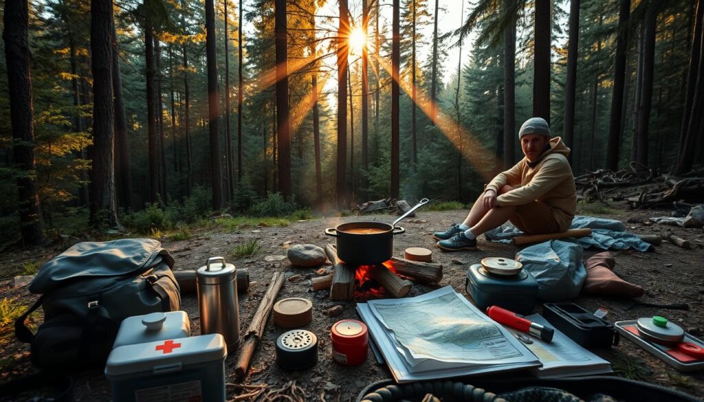 A serene wilderness campsite nestled in a lush forest, with a lone camper sitting by a crackling fire, tending to a pot of stew. Rays of warm, golden light filter through the trees, casting a peaceful glow over the scene. In the foreground, a well-organized camp setup showcases essentials like a first-aid kit, signaling device, and a map, highlighting the safety protocols in place. The camper, clad in outdoor gear, appears alert and self-reliant, embodying the spirit of responsible solo boondocking. The overall atmosphere conveys a sense of tranquility, preparedness, and a deep connection with the natural world.