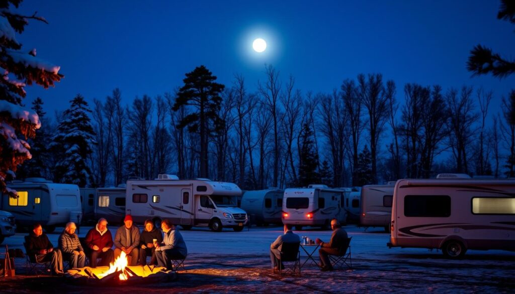 A serene winter RV campground, with snow-capped pine trees lining the perimeter. In the foreground, a group of RVers gathered around a crackling campfire, sharing stories and sipping hot beverages. The warm glow of the fire contrasts with the cool, blue tones of the moonlit night sky. In the middle ground, well-maintained RVs are neatly parked, their exterior lights illuminating the scene. In the background, a row of bare-branched deciduous trees stands as a natural barrier, adding depth and dimension to the composition. The overall atmosphere is one of camaraderie, comfort, and respect for the natural surroundings. A serene winter RV campground, with snow-capped pine trees lining the perimeter. In the foreground, a group of RVers gathered around a crackling campfire, sharing stories and sipping hot beverages. The warm glow of the fire contrasts with the cool, blue tones of the moonlit night sky. In the middle ground, well-maintained RVs are neatly parked, their exterior lights illuminating the scene. In the background, a row of bare-branched deciduous trees stands as a natural barrier, adding depth and dimension to the composition. The overall atmosphere is one of camaraderie, comfort, and respect for the natural surroundings.