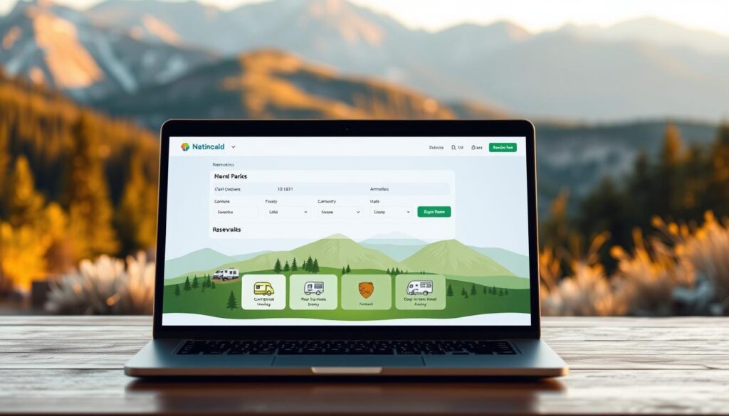 A sleek, modern user interface for a national park reservation booking system. In the foreground, a laptop screen displays a clean, intuitive booking platform with a search bar, date selection, and reservation details. The middle ground shows a nature-inspired design with icons representing campsites, RV hookups, and other amenities. In the background, a panoramic view of a lush, mountainous national park landscape sets the scene, bathed in warm, golden lighting that evokes a sense of adventure and exploration. The overall atmosphere conveys the convenience of online booking while highlighting the natural beauty of the national park setting. A sleek, modern user interface for a national park reservation booking system. In the foreground, a laptop screen displays a clean, intuitive booking platform with a search bar, date selection, and reservation details. The middle ground shows a nature-inspired design with icons representing campsites, RV hookups, and other amenities. In the background, a panoramic view of a lush, mountainous national park landscape sets the scene, bathed in warm, golden lighting that evokes a sense of adventure and exploration. The overall atmosphere conveys the convenience of online booking while highlighting the natural beauty of the national park setting.