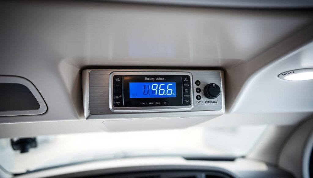 A sleek, modern voltage monitoring system for an RV battery is mounted on a clean, minimalist dashboard. The display features a large, crisp digital readout showing the current battery voltage. Surrounding the display are intuitive controls and indicators, their functions clearly labeled. The housing is made of sturdy, silver-toned metal, seamlessly integrated into the RV's interior design. Soft, indirect lighting illuminates the system, creating a calm, reassuring atmosphere. The image is captured from a slightly elevated, frontal angle, showcasing the system's intuitive layout and high-quality construction, ready to help maintain the RV's electrical system.