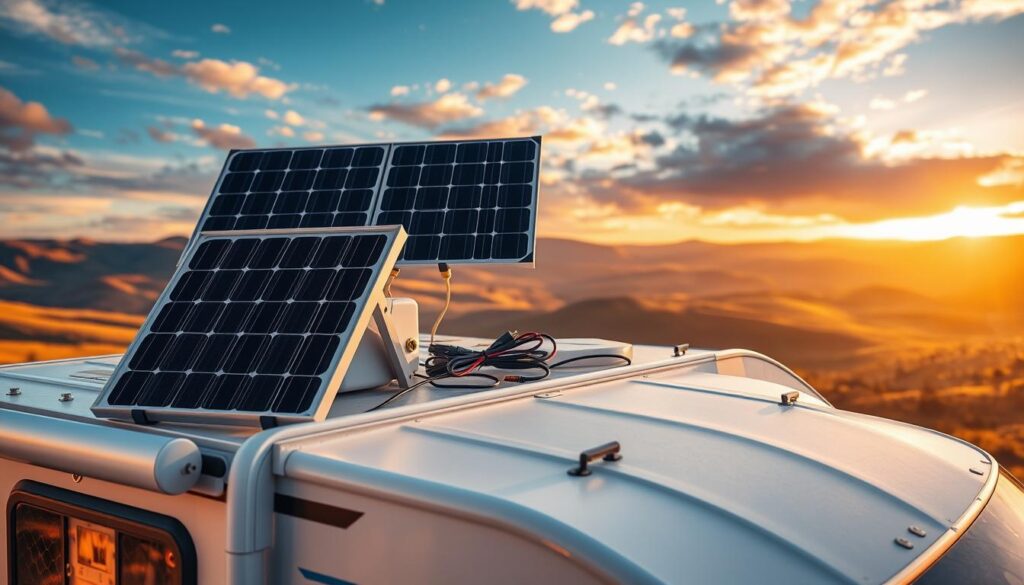 A solar power setup for an RV, captured with a wide-angle lens and dramatic lighting. In the foreground, a compact solar panel system with adjustable mounts, strategically placed on the RV's roof. The middle ground showcases the power inverter and battery bank, neatly integrated into the RV's interior. In the background, a sweeping landscape of rolling hills and a vibrant sky, infused with warm, golden hues, creating a sense of adventure and off-grid living. The overall composition conveys the seamless integration of solar power into the RV lifestyle, offering a practical and sustainable solution for the adventurous traveler. A solar power setup for an RV, captured with a wide-angle lens and dramatic lighting. In the foreground, a compact solar panel system with adjustable mounts, strategically placed on the RV's roof. The middle ground showcases the power inverter and battery bank, neatly integrated into the RV's interior. In the background, a sweeping landscape of rolling hills and a vibrant sky, infused with warm, golden hues, creating a sense of adventure and off-grid living. The overall composition conveys the seamless integration of solar power into the RV lifestyle, offering a practical and sustainable solution for the adventurous traveler.