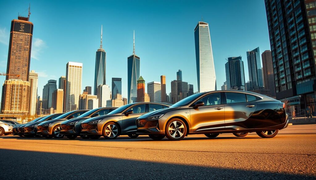 A sprawling metropolis backdrop, with gleaming skyscrapers and bustling streets. In the foreground, a lineup of alternative fuel vehicles - sleek electric hybrids with aerodynamic silhouettes, their bodywork reflecting the urban environment. The scene is bathed in warm, golden light, casting long shadows and highlighting the advanced technology of these eco-friendly transportation options. The vehicles are presented from a low, dramatic angle, emphasizing their powerful, futuristic presence. This image conveys a sense of progress, innovation, and a cleaner, more sustainable future for urban mobility. A sprawling metropolis backdrop, with gleaming skyscrapers and bustling streets. In the foreground, a lineup of alternative fuel vehicles - sleek electric hybrids with aerodynamic silhouettes, their bodywork reflecting the urban environment. The scene is bathed in warm, golden light, casting long shadows and highlighting the advanced technology of these eco-friendly transportation options. The vehicles are presented from a low, dramatic angle, emphasizing their powerful, futuristic presence. This image conveys a sense of progress, innovation, and a cleaner, more sustainable future for urban mobility.