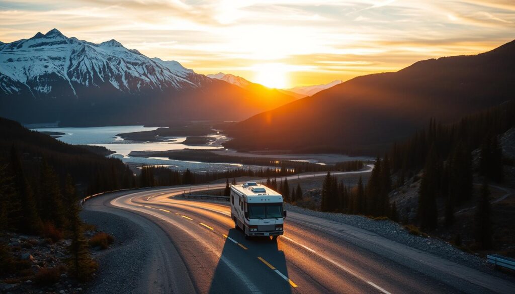 A stunning vista of the Great Alaskan Highway unfurling through pristine wilderness. In the foreground, a well-equipped RV traverses the rugged, winding road, casting long shadows as the sun dips low on the horizon. Soaring mountains with snow-capped peaks frame the scene, their slopes blanketed in lush evergreen forests. Glimmering glacial lakes and rivers punctuate the landscape, reflecting the vibrant colors of the sky. The atmosphere is one of serene tranquility, inviting the viewer to embark on an unforgettable journey through this untamed, awe-inspiring corner of the world. Captured with a wide-angle lens, the image conveys a sense of scale and grandeur, perfectly capturing the essence of the Great Alaskan Highway and the breathtaking wilderness it traverses. A stunning vista of the Great Alaskan Highway unfurling through pristine wilderness. In the foreground, a well-equipped RV traverses the rugged, winding road, casting long shadows as the sun dips low on the horizon. Soaring mountains with snow-capped peaks frame the scene, their slopes blanketed in lush evergreen forests. Glimmering glacial lakes and rivers punctuate the landscape, reflecting the vibrant colors of the sky. The atmosphere is one of serene tranquility, inviting the viewer to embark on an unforgettable journey through this untamed, awe-inspiring corner of the world. Captured with a wide-angle lens, the image conveys a sense of scale and grandeur, perfectly capturing the essence of the Great Alaskan Highway and the breathtaking wilderness it traverses.