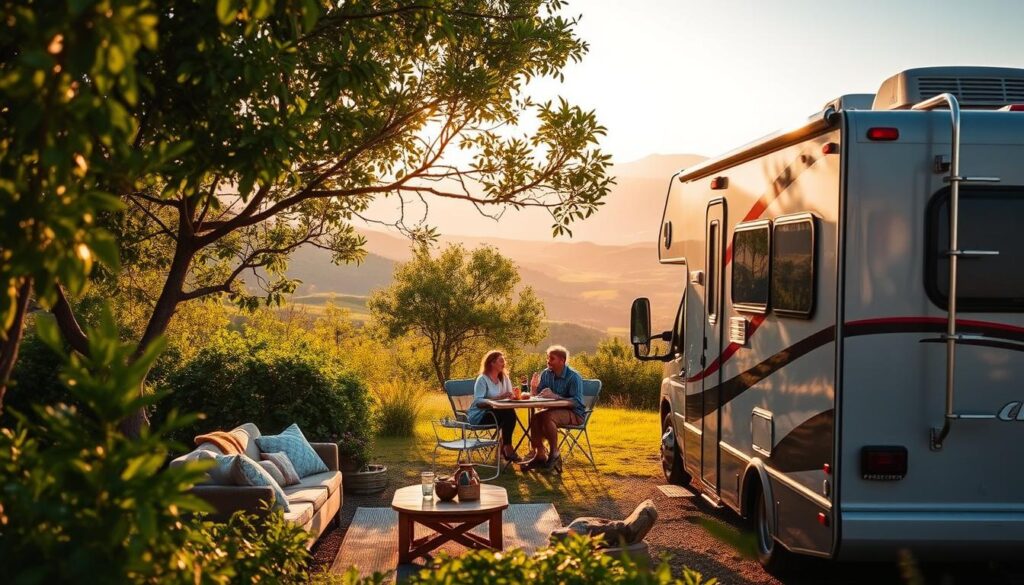 A sun-dappled RV nestled amidst lush greenery, its sleek exterior gleaming with adventure. In the foreground, a cozy seating area invites guests to bask in the tranquility, while in the middle ground, a pair of individuals prepare a meal outdoors, their laughter echoing through the serene landscape. The background reveals a breathtaking vista of rolling hills and distant mountains, painted in warm hues by the golden afternoon light. The scene evokes a sense of freedom, connection, and the promise of unforgettable experiences on the open road.