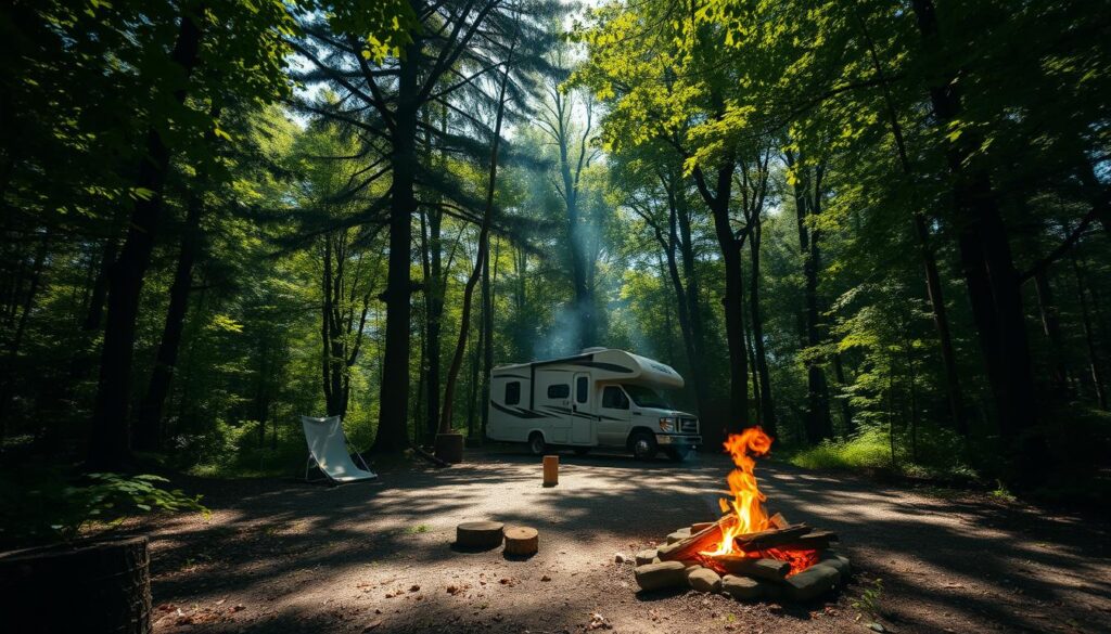 A sun-dappled clearing in a lush forest, an RV nestled amidst the verdant foliage. Dappled light filters through the canopy, casting a warm, tranquil glow. In the foreground, a cozy campfire smolders, its gentle wisps of smoke curling skyward. The RV, a sanctuary in this natural haven, stands in quiet contemplation, its sleek lines and neutral tones blending seamlessly with the surrounding environment. A sense of solitude and serenity permeates the scene, inviting the viewer to pause, breathe deeply, and find respite from the demands of the world beyond. Wide-angle lens, cinematic lighting, and a peaceful, meditative atmosphere.