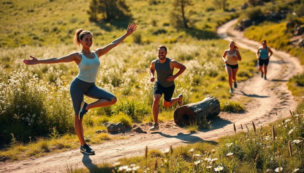 A sun-dappled meadow, lush with wildflowers, serves as the backdrop for a group of travelers engaged in various outdoor activities. In the foreground, a woman stretches her limbs, her face serene as she balances on one leg, her body casting a long, graceful shadow. In the middle ground, a man performs push-ups on a sturdy log, his muscles straining against the effort. Further back, a couple jogs along a winding dirt trail, their strides in sync with the rhythm of the surrounding nature. Soft, warm lighting illuminates the scene, lending an inviting and energetic atmosphere. The overall composition conveys the joy and rejuvenation of staying fit while exploring the great outdoors.