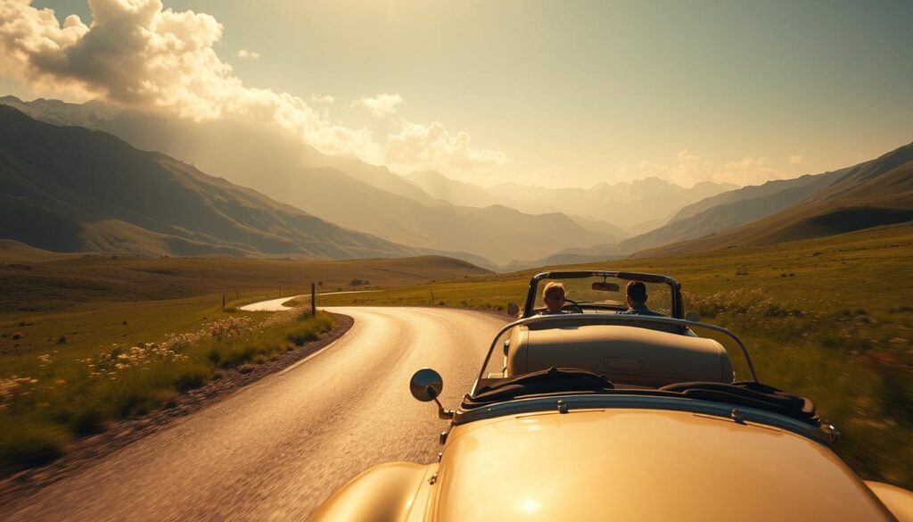 A sun-dappled open road winds through vast, rolling hills, the horizon hazy with a sense of adventure. In the foreground, a vintage convertible car speeds along, its driver and passenger faces aglow with exhilaration. The middle ground features lush, verdant meadows dotted with wildflowers, inviting exploration. In the background, towering mountains rise majestically, their snow-capped peaks touched by golden light. The scene evokes a spirit of triumph, of conquering the unknown and embracing the thrill of the journey. Cinematic lighting filters through wispy clouds, casting a warm, nostalgic glow over the entire landscape. This is a triumph story in motion, a celebration of the open road and the transformative power of newfound experiences.