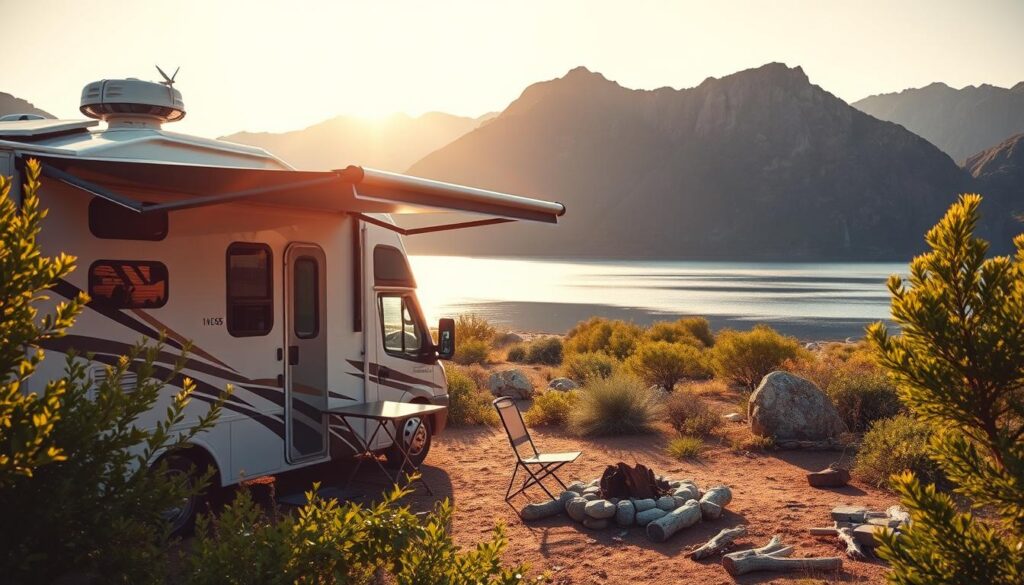 A sun-dappled outdoor scene showcasing a well-equipped off-grid RV setup. In the foreground, a sleek, modern RV with solar panels on the roof and a small wind turbine stands amidst lush vegetation. The RV's awning is partially extended, providing shade and a cozy outdoor living area with a folding table and chairs. In the middle ground, a small campfire pit is surrounded by natural stone and driftwood, hinting at the owner's appreciation for the wilderness. The background features a tranquil lake or river, its glimmering surface reflecting the surrounding rugged, mountainous landscape bathed in warm, golden-hour lighting. The overall atmosphere conveys a sense of self-sufficient, eco-conscious living in harmony with nature.