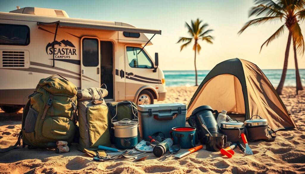 A sun-drenched beach scene with an RV in the background, surrounded by a collection of essential camping gear neatly arranged in the foreground. The gear includes a sturdy backpack, a lightweight tent, a portable camp stove, a cooler, and an array of outdoor cooking utensils. The scene is illuminated by warm, natural lighting, casting soft shadows and highlighting the textures and colors of the items. The beach in the background is dotted with palm trees, with a calm, azure ocean stretching out to the horizon. The overall atmosphere conveys a sense of relaxation, adventure, and the joy of seaside camping.