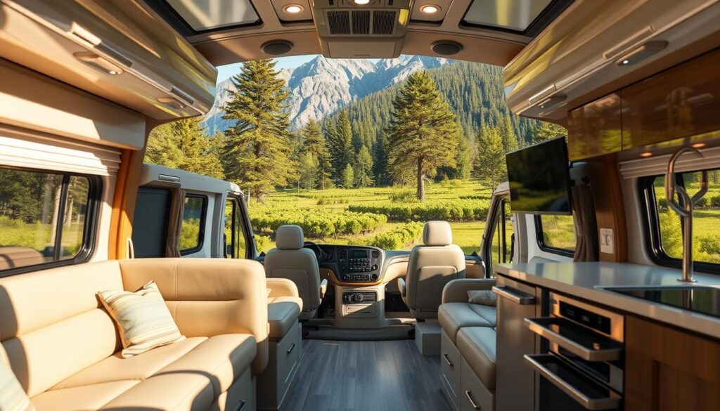 A sunlit, well-appointed interior of a brand new recreational vehicle (RV) sits in the foreground, its sleek exterior gleaming in the daylight. The spacious living area showcases modern furniture, plush seating, and a kitchen with gleaming stainless steel appliances. In the middle ground, the RV is parked in a serene, verdant landscape, surrounded by towering trees and a picturesque mountain range in the background. Soft, directional lighting illuminates the scene, creating a warm, inviting atmosphere that captures the comfort and adventure of a new RV purchase. The overall composition conveys the appeal of owning a freshly acquired, high-quality RV ready to embark on countless journeys.