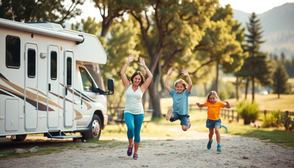 A sunny, outdoor scene of an RV parked in a scenic, tree-lined campground. In the foreground, a family of four - a mother, father, and two children - engaged in a variety of fun, low-impact exercises and activities. The mother leads them in gentle yoga poses, while the father and children playfully do jumping jacks and light calisthenics. The background features a picturesque mountain vista, with soft, diffused lighting creating a warm, inviting atmosphere. The overall mood is one of fitness, family, and the great outdoors.